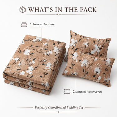 Caramel Blossom Brown, White & Black Floral Printed Double Bedsheet Set | Super-Soft Microfiber with 2 Pillow Covers