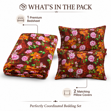 Crimson Garden Wine Red Multicolour Floral Printed Double Bedsheet Set | Super-Soft Microfiber with 2 Pillow Covers
