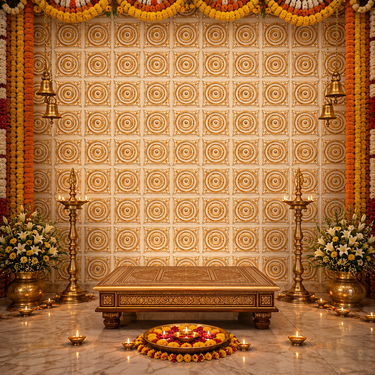 Divya Swarna Chakra Ganpati Backdrop Set – White & Gold