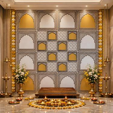 Luxury White & Gold Jali Arch Ganpati Mandap Backdrop 8×8 Ft | Traditional Pooja Decoration Panels | Home Temple & Festive Decor