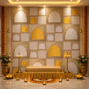 Majestic White & Gold Jali Arch Ganpati Backdrop Set 8×8 Ft | Premium Traditional Pooja Mandap Decoration Panels | Ganesh Chaturthi & Temple Decor