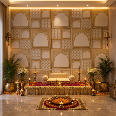 Elegant White & Gold Jali Arch Ganpati Backdrop Set 10×8 Ft | Traditional Pooja Mandap Decoration Panels | Temple & Festive Backdrop