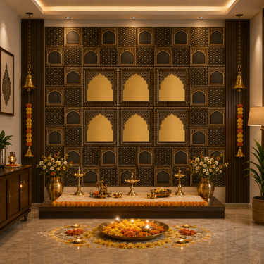 Royal Black & Antique Gold Jali Arch Backdrop Set 10×8 Ft | Ganpati Mandap & Pooja Decoration Panels | Home Temple Festive Decor