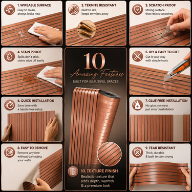 Rose Gold Metallic Grille Sheet 2×10 ft | Self-Adhesive Decorative Wall Panel Roll | Luxury Fluted Slat Wall Covering for Living Room, Bedroom & TV Unit