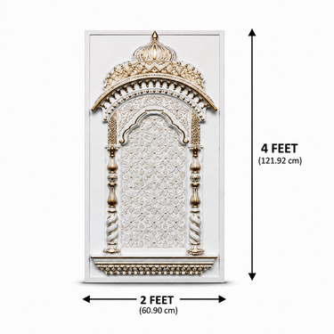 Royal White & Antique Gold Temple Arch Decorative Wall Panel 4×2 Ft | Premium Ganpati Pooja Room Backdrop Panel | Mandir, Mandap & Festive Wall Decor