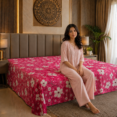 Raspberry Daisy Pink & White Floral Printed Double Bedsheet | Premium Cotton Bedsheet Without Pillow Covers