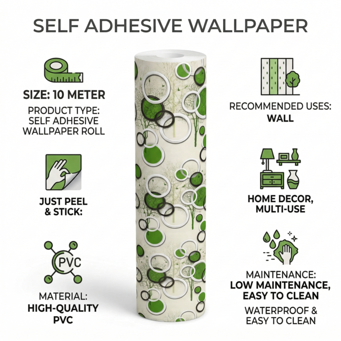 Self Adhesive Wallpaper White Green Circle Texture 10 Meter - Image 4