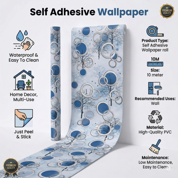 Self Adhesive Wallpaper White Blue Circle Texture 10 Meter - Image 3