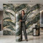 Self Adhesive Dark Green Leaf Texture UV Marble Sheet (Gold Foil)
