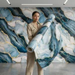 Self Adhesive Midnight Azure Marble & Gold Inlay Mural Pattern UV Marble Sheet