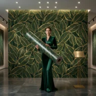 Self Adhesive Green Leaf Texture UV Marble Sheet (Gold Foil)