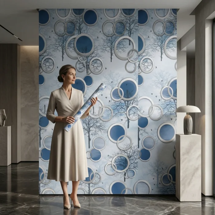 Self Adhesive Wallpaper White Blue Circle Texture 10 Meter - Image 2