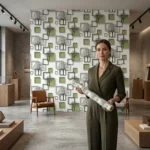 Self Adhesive Wallpaper White Green Square Texture 10 Meter