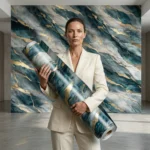 Self Adhesive Teal Texture UV Marble Sheet (Gold Foil)