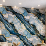 Self Adhesive Midnight Azure Marble & Gold Inlay Mural Pattern UV Marble Sheet