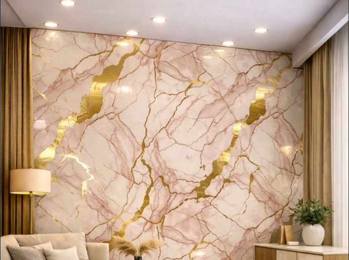 u1 Self Adhesive Rose Quartz Abstract with 24K Gold Pattern UV Marble Sheet - Image 1