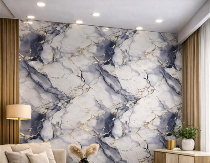 u1 Self Adhesive Dark Blue & White Texture UV Marble Sheet (Gold Foil) - Image 1