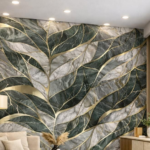 Self Adhesive Dark Green Leaf Texture UV Marble Sheet (Gold Foil)