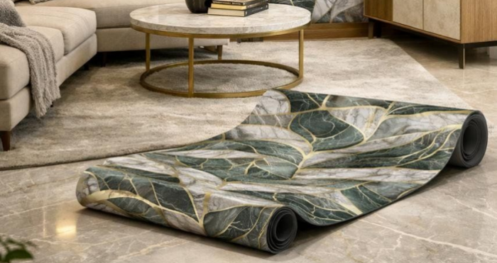 Self Adhesive Dark Green Leaf Texture UV Marble Sheet (Gold Foil) - Image 2