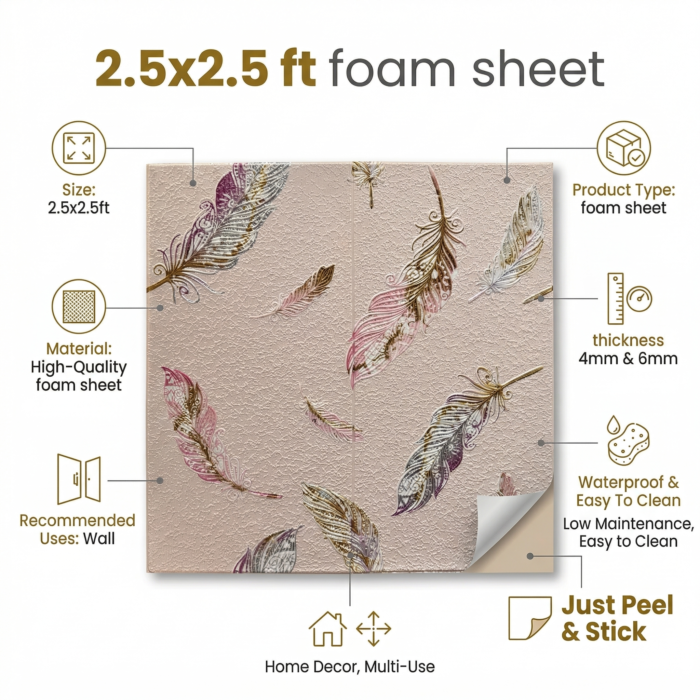 Self Adhesive Pink Feather Design 2.5x2.5 Foam Sheet - Image 3